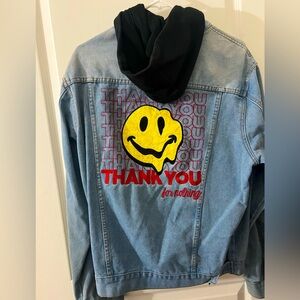 Size M Y2k trippy smiley face “thank you for nothing” denim jacket